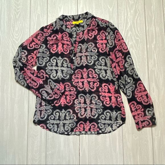 Milly x Banana Republic Women's True Navy Blue & Pink Roll Tab Tunic Top Size 2 - Picture 1 of 12